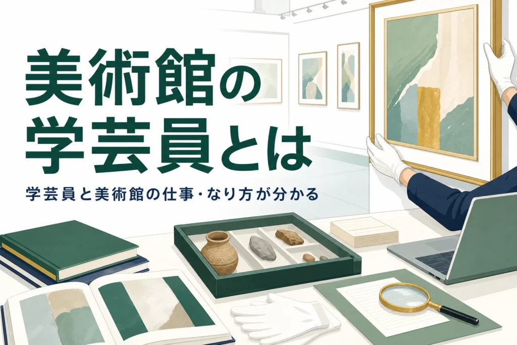 美術館の展示室と額縁の絵を扱う手元の写真に、美術館の学芸員とはという記事タイトルを重ねたアイキャッチ