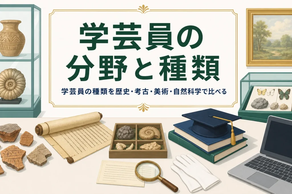 土器や化石、絵、標本箱が並ぶ机に「学芸員の分野と種類」の文字