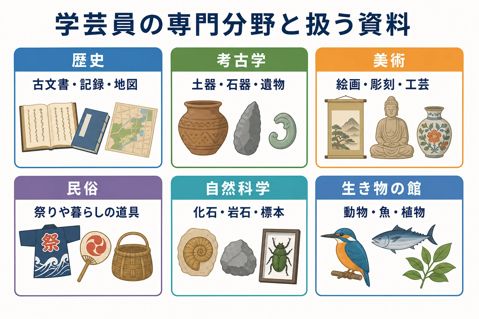 学芸員の専門分野ごとに扱う資料と近い専攻を並べた図解
