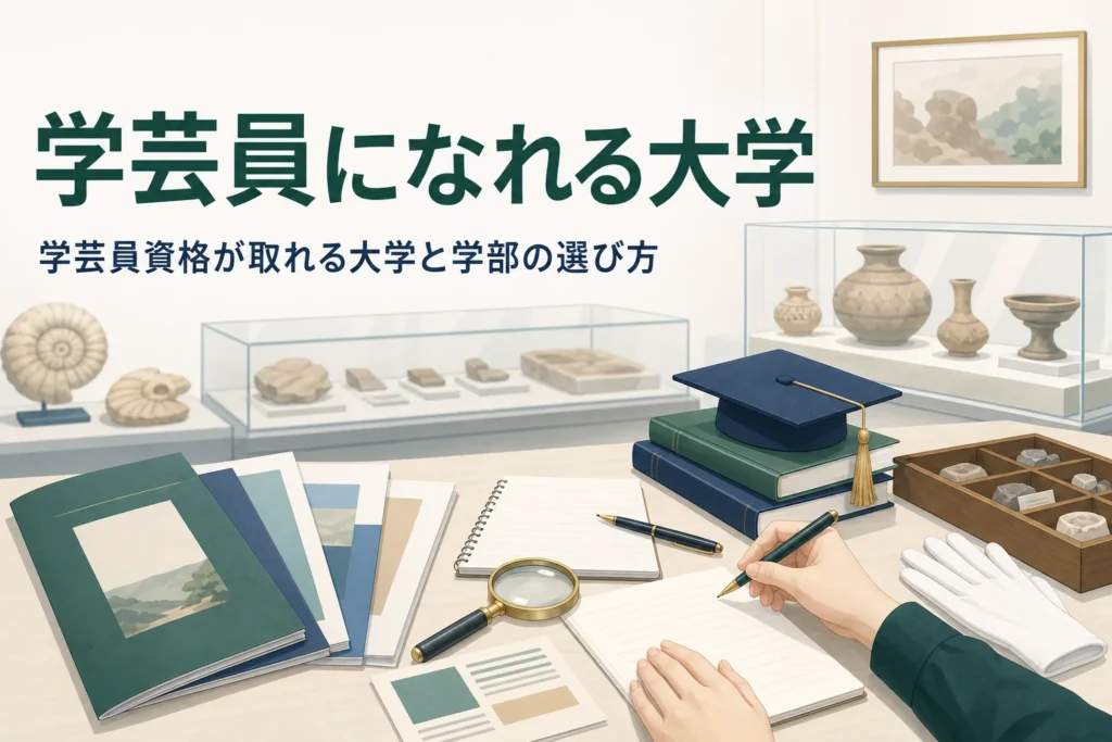 大学案内のパンフレットと博物館の資料を扱う道具が並ぶ机に、学芸員資格が取れる大学の選び方を紹介する記事タイトル