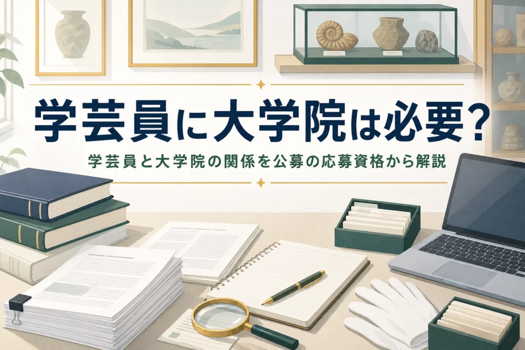 専門書と論文、ルーペや白い手袋が並ぶ研究室の机と、学芸員に大学院が必要かを解説する記事タイトル