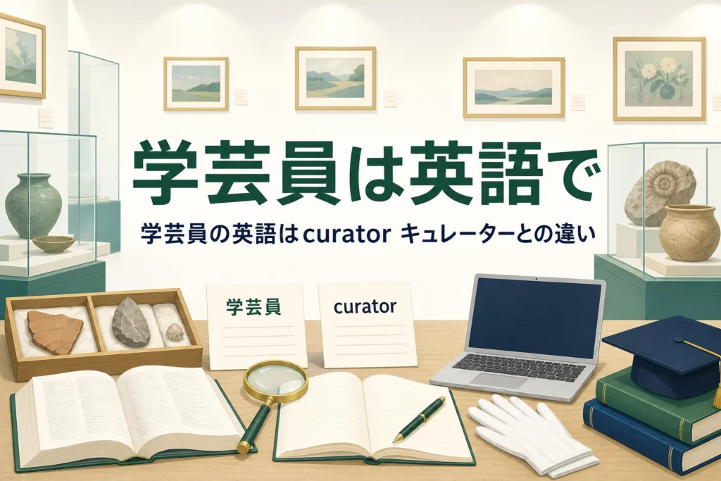 展示室の机に辞書と資料カード、「学芸員は英語で」の文字