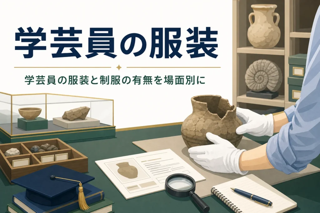 白い手袋で資料を扱う手元に「学芸員の服装」の文字