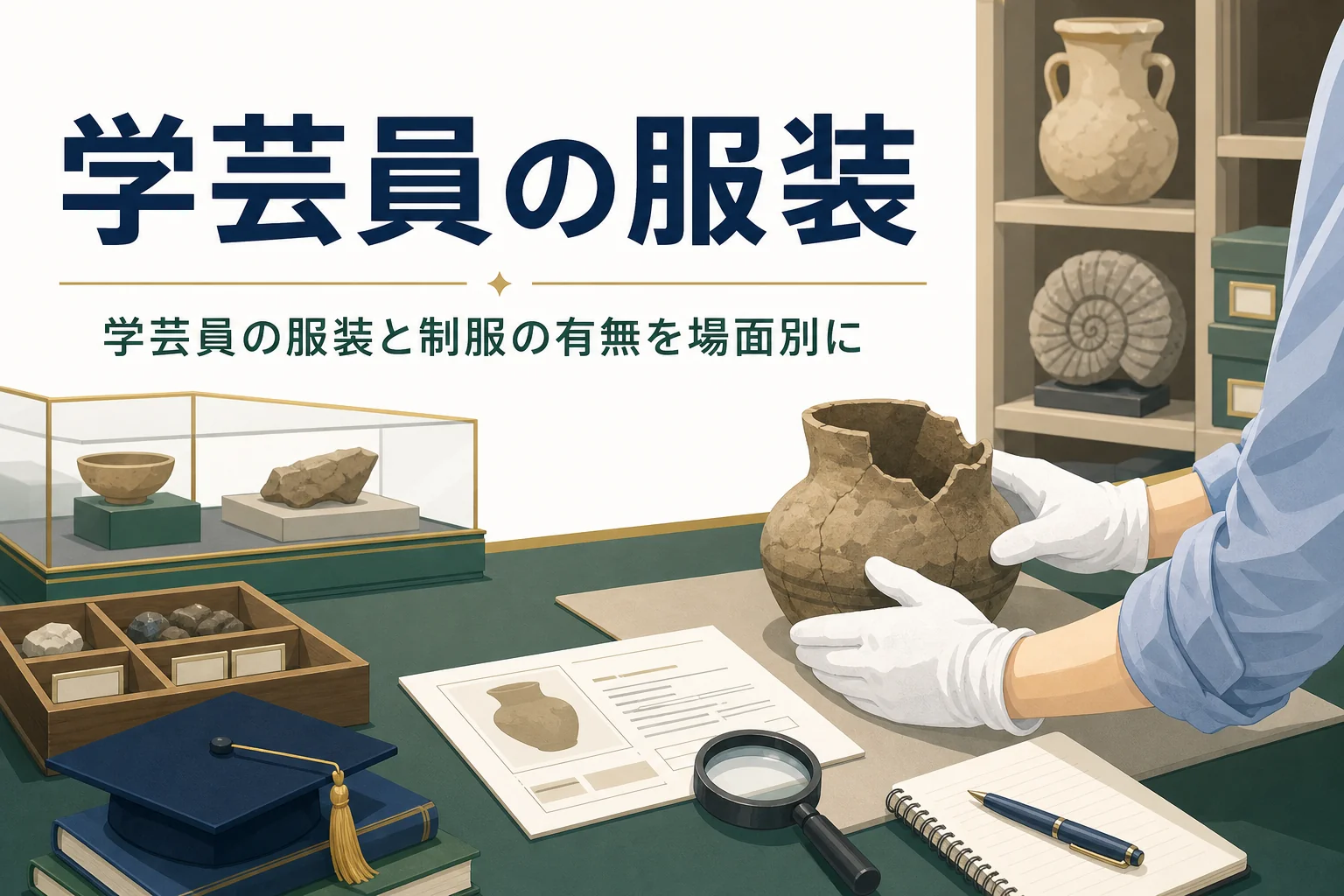 白い手袋で資料を扱う手元に「学芸員の服装」の文字