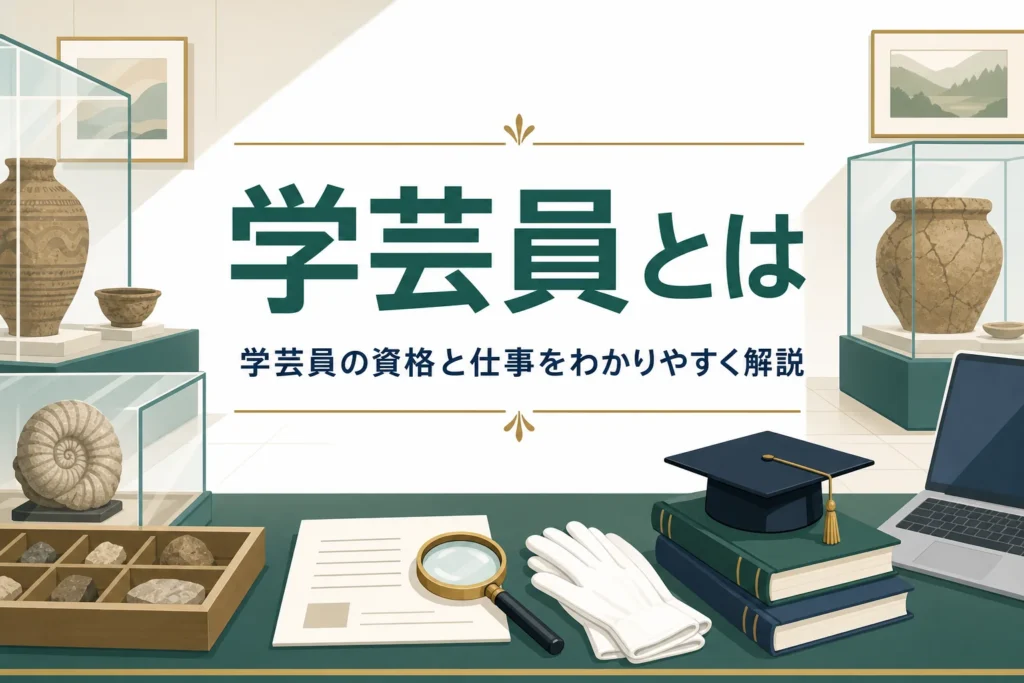 博物館の展示室と資料カード、ルーペに「学芸員とは」の文字