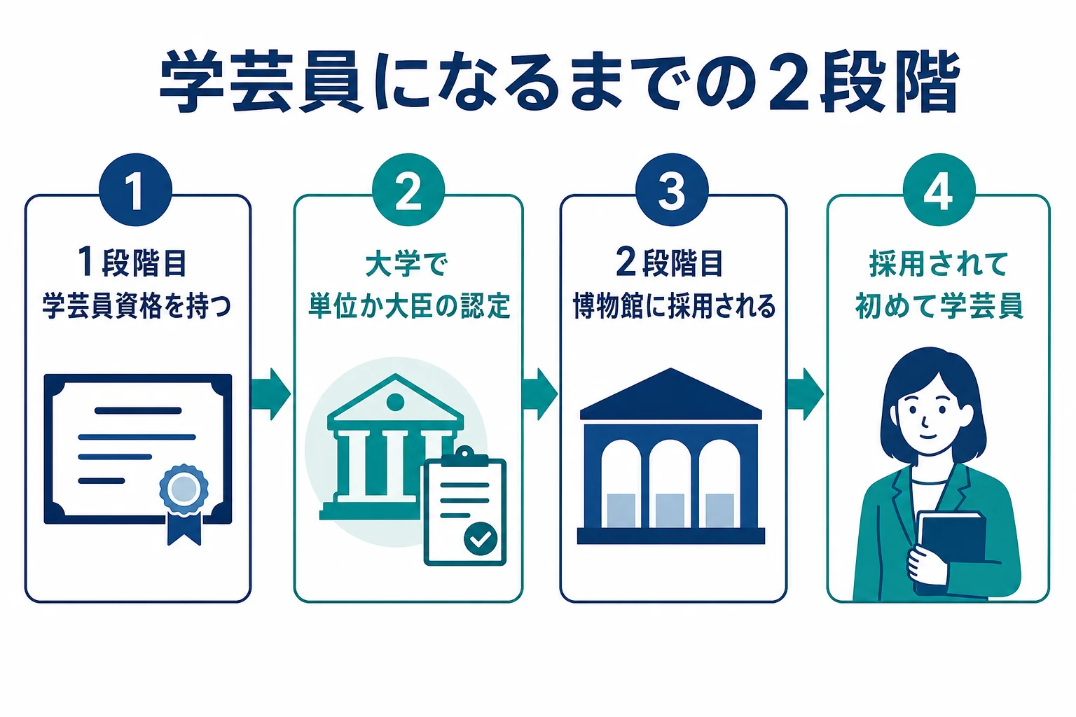 学芸員資格を持つ段階と学芸員として働く段階の2段階を示した図解