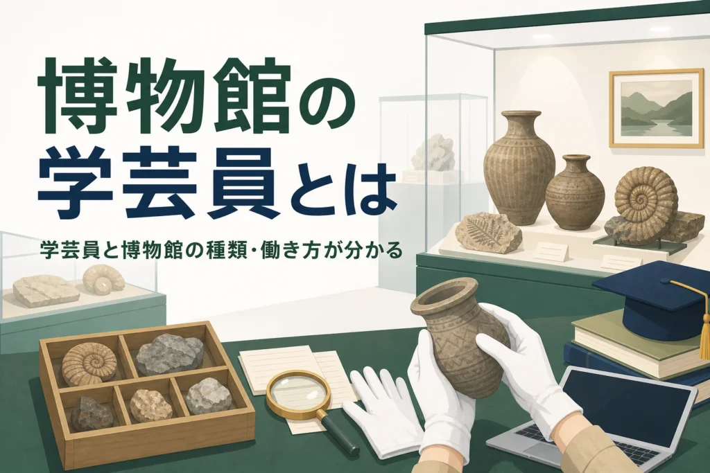 博物館の展示ケースと資料を扱う手元の写真に、博物館の学芸員とはという記事タイトルを重ねたアイキャッチ