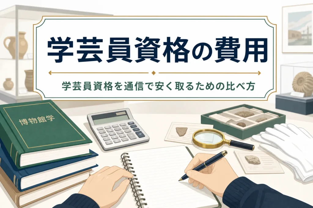 電卓とテキストを並べて学芸員資格の費用を見積もる手元と、通信で安く取るための比べ方を紹介する記事タイトル