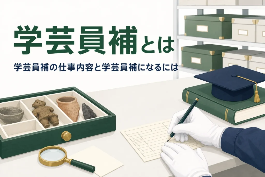 収蔵庫の作業台で資料を記録する手元に「学芸員補とは」の文字