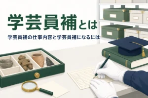収蔵庫の作業台で資料を記録する手元に「学芸員補とは」の文字