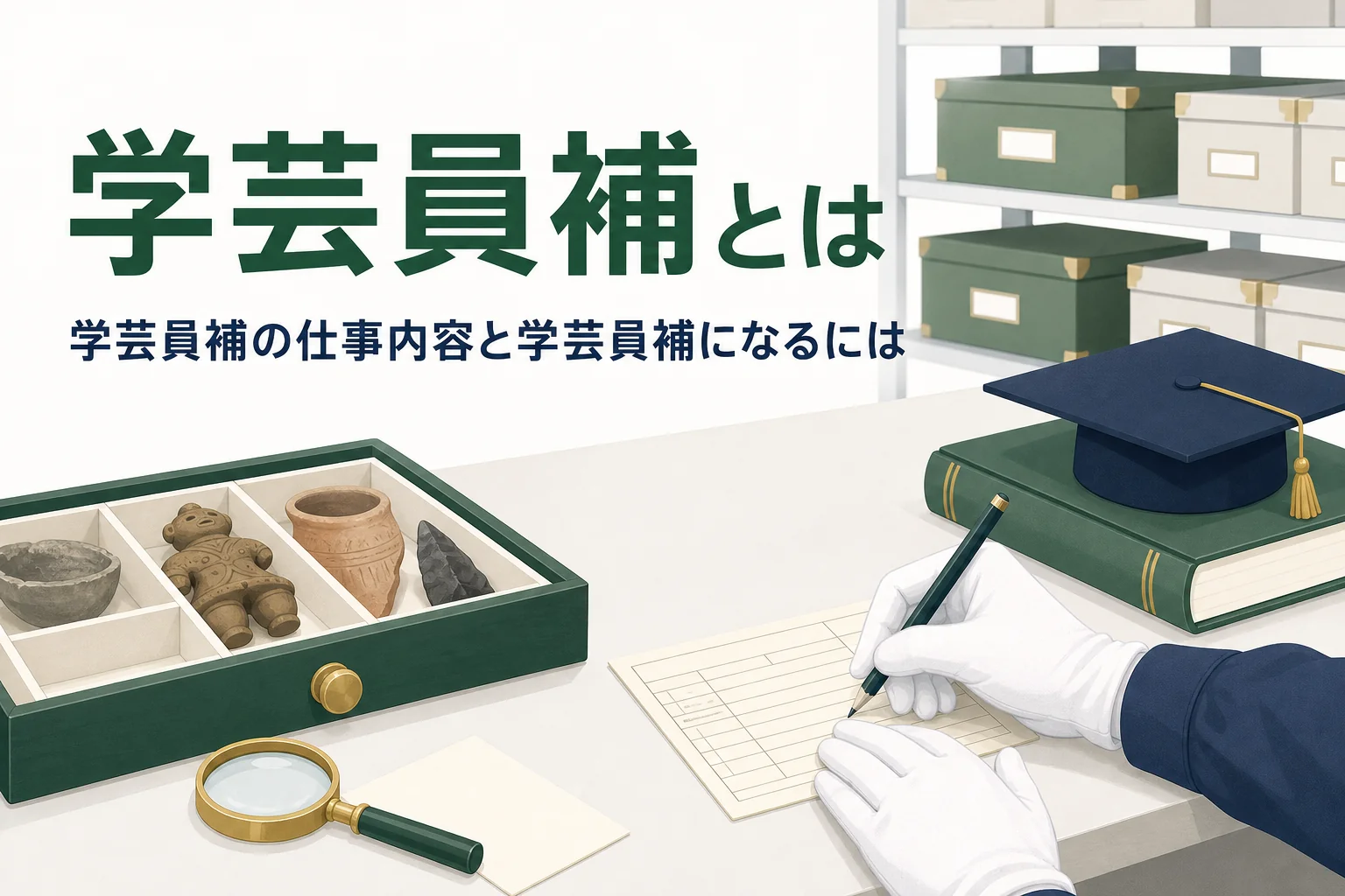 収蔵庫の作業台で資料を記録する手元に「学芸員補とは」の文字