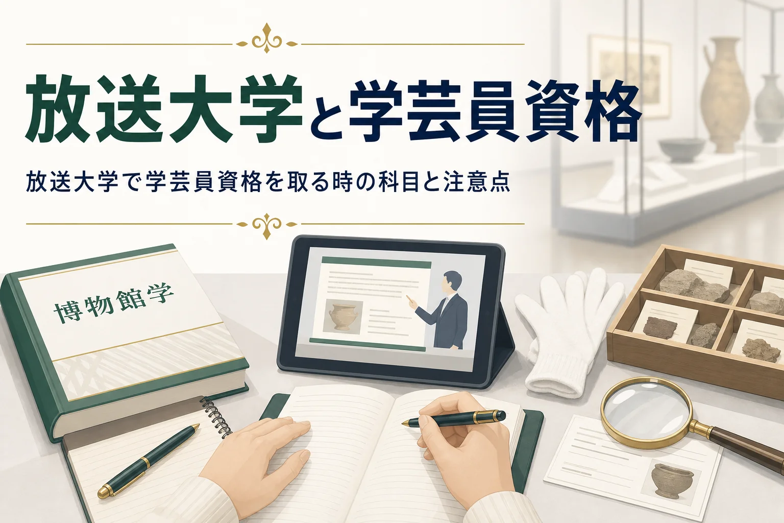 タブレットで講義を見ながらテキストで学ぶ手元と、放送大学で学芸員資格を取る方法を紹介する記事タイトル
