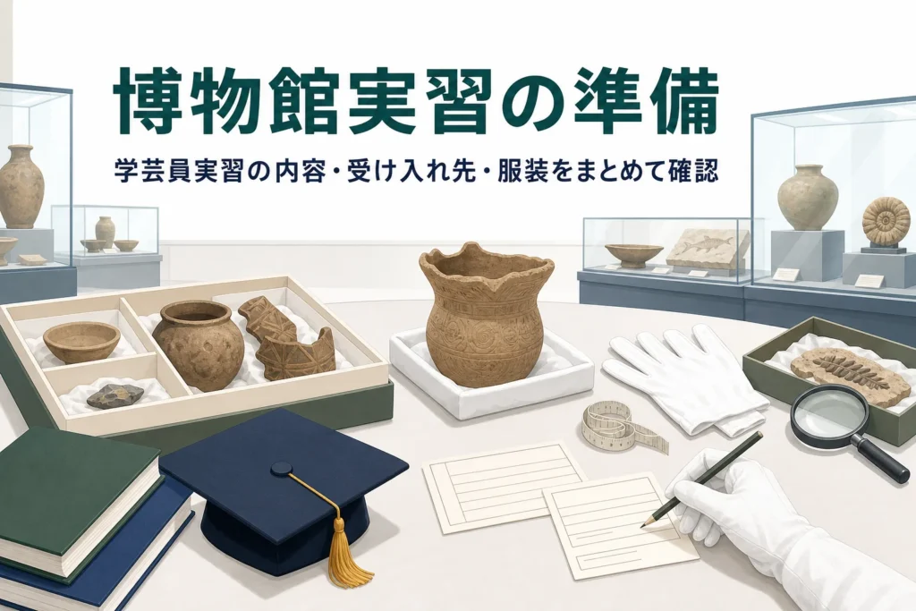 博物館の作業台に白い手袋や資料カードが並ぶ様子と、学芸員の博物館実習の準備を紹介する記事タイトル
