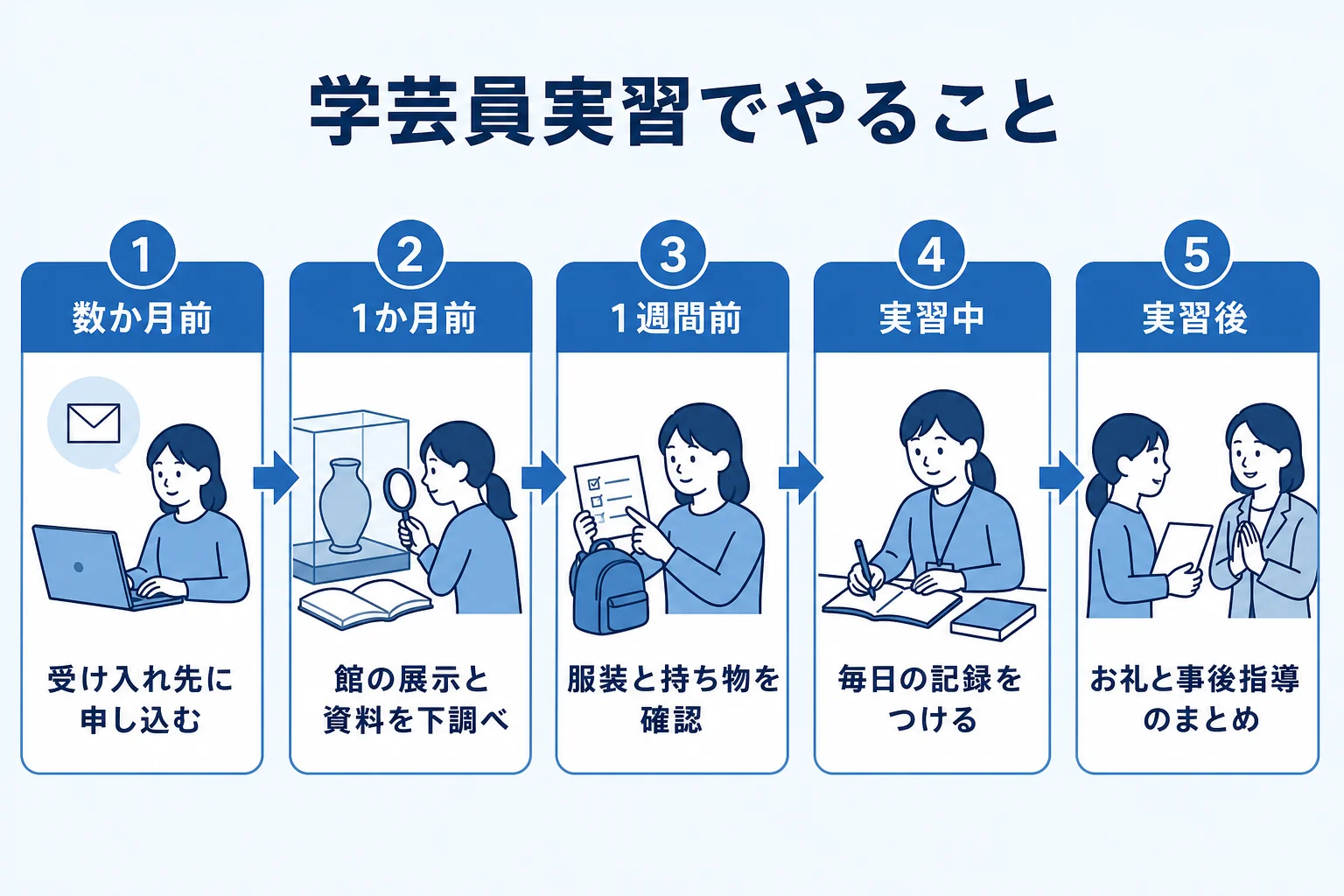 学芸員実習の前・実習中・実習後にやることを時期ごとに並べた図解