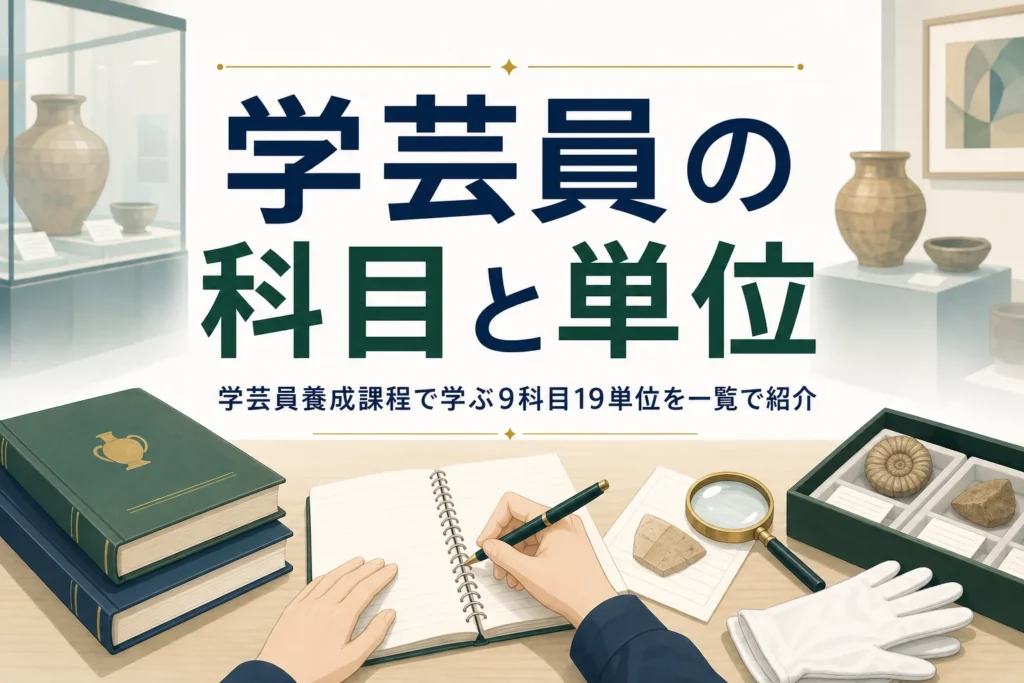 博物館学の本とノート、資料を扱う道具が並ぶ机に、学芸員養成課程の科目と単位数を紹介する記事タイトル