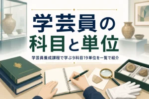 博物館学の本とノート、資料を扱う道具が並ぶ机に、学芸員養成課程の科目と単位数を紹介する記事タイトル