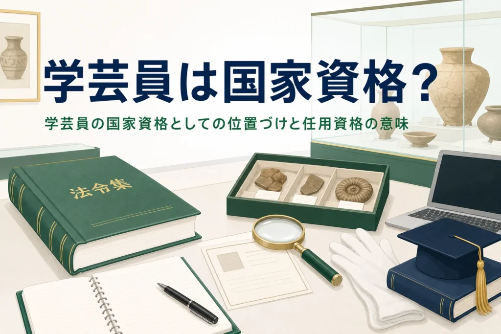 資料室の机に置かれた本とルーペに「学芸員は国家資格？」の文字