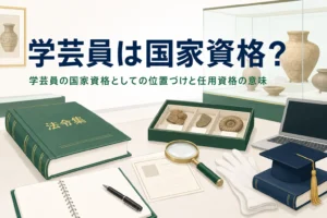 資料室の机に置かれた本とルーペに「学芸員は国家資格？」の文字