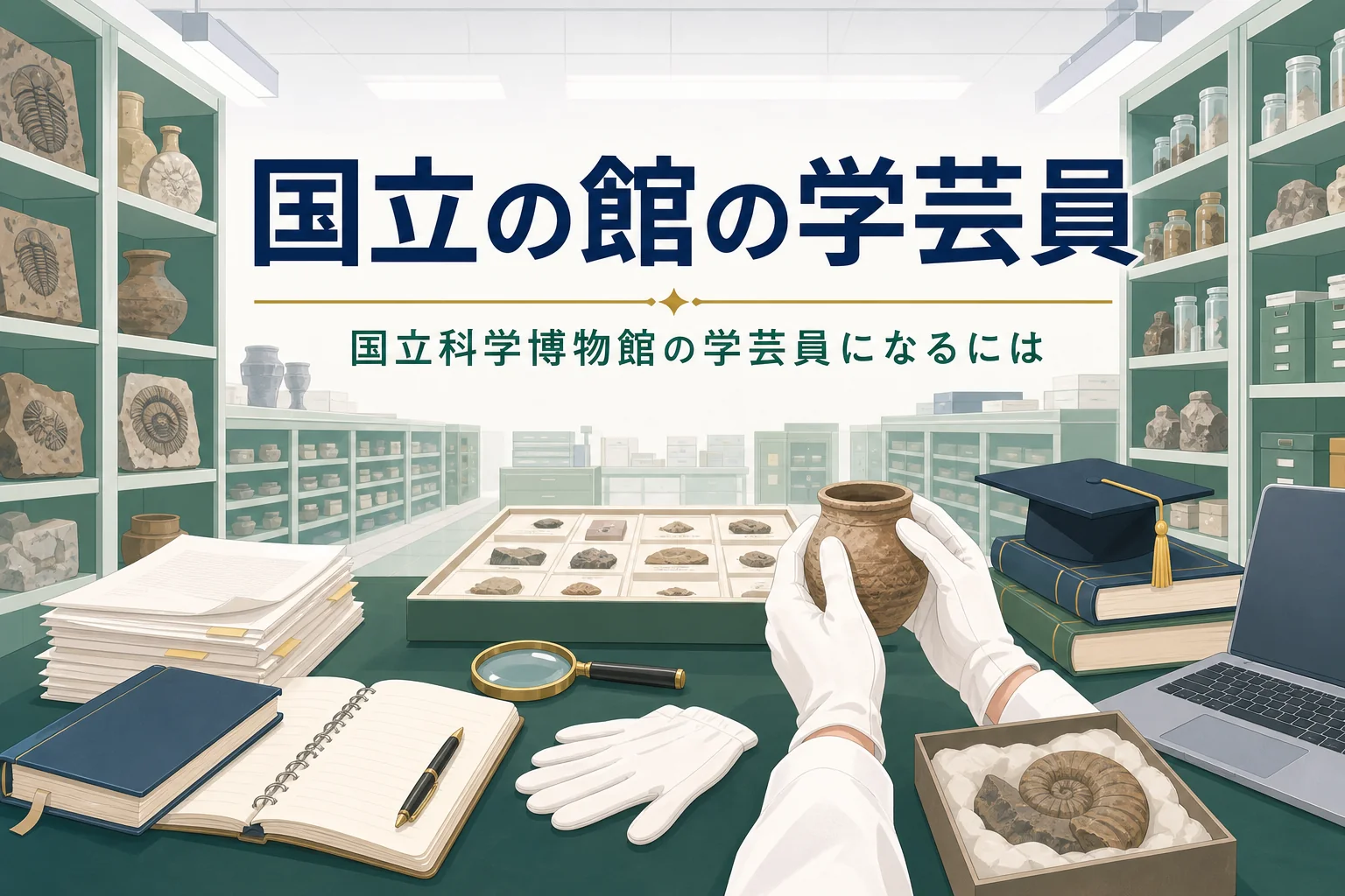 博物館の収蔵庫で標本と論文を扱う手元の写真に、国立科学博物館の学芸員になるにはという記事タイトルを重ねたアイキャッチ