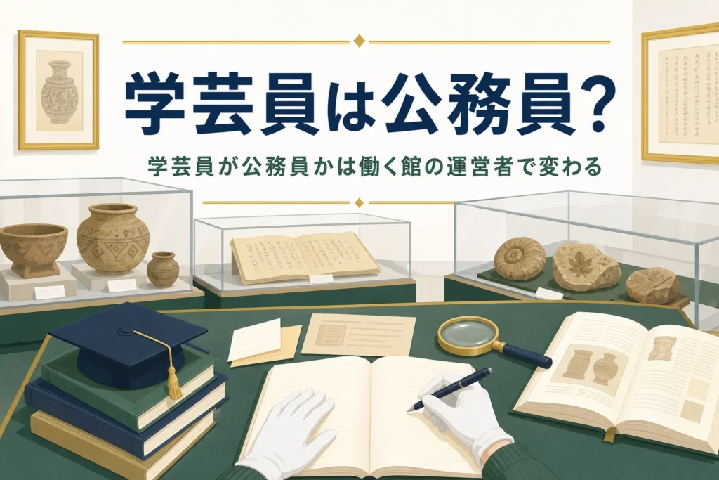 博物館の展示ケースと勉強道具が並ぶ机に、学芸員は公務員かを伝える記事タイトル
