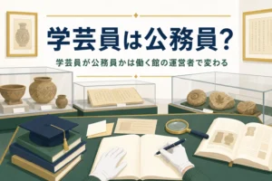 博物館の展示ケースと勉強道具が並ぶ机に、学芸員は公務員かを伝える記事タイトル