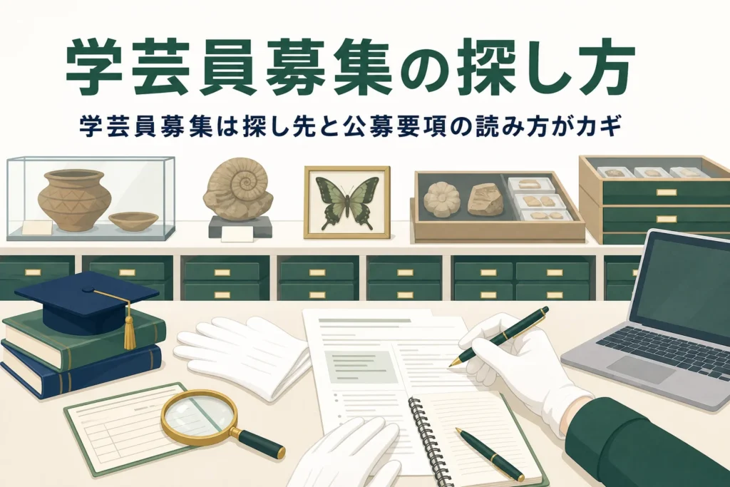 資料カードと書類が並ぶ博物館の作業机に、学芸員募集の探し方を伝える記事タイトル