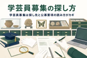 資料カードと書類が並ぶ博物館の作業机に、学芸員募集の探し方を伝える記事タイトル