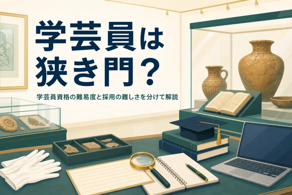 博物館の展示ケースと資料カード・ルーペが並ぶ机と、学芸員資格の難易度を解説する記事タイトル