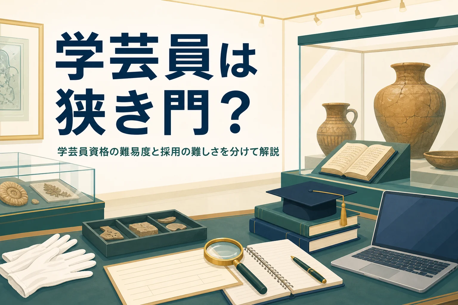 博物館の展示ケースと資料カード・ルーペが並ぶ机と、学芸員資格の難易度を解説する記事タイトル