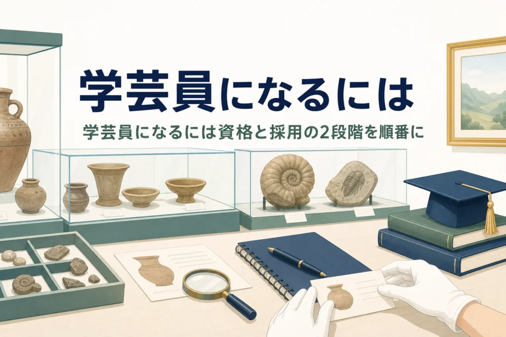 博物館の展示ケースと資料カードを扱う手元の写真に、学芸員になるには資格と採用の2段階があると伝える記事タイトル