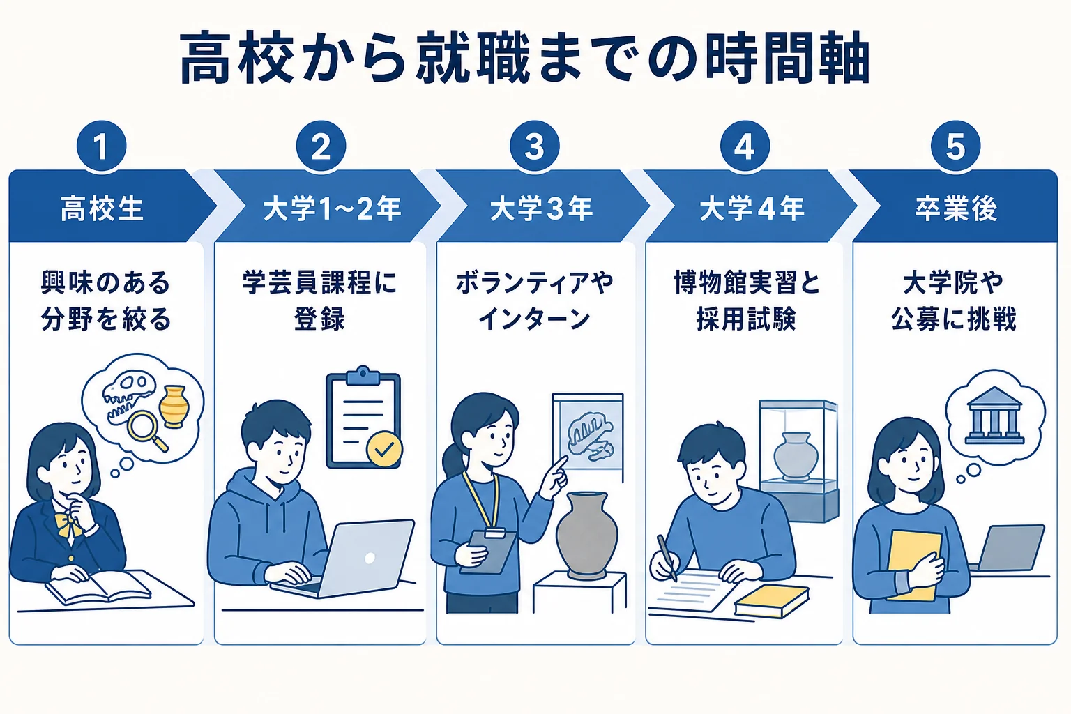 高校から大学卒業後まで学芸員になるために時期ごとにやっておくことを並べた図解