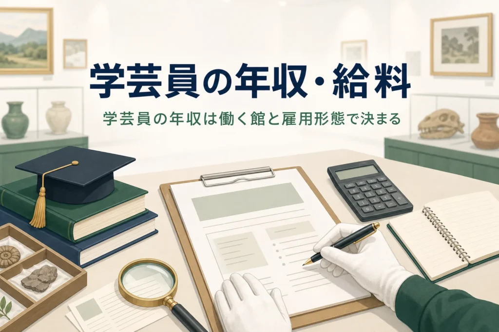 募集要項の書類と資料カードが並ぶ机に、学芸員の年収と給料の決まり方を伝える記事タイトル