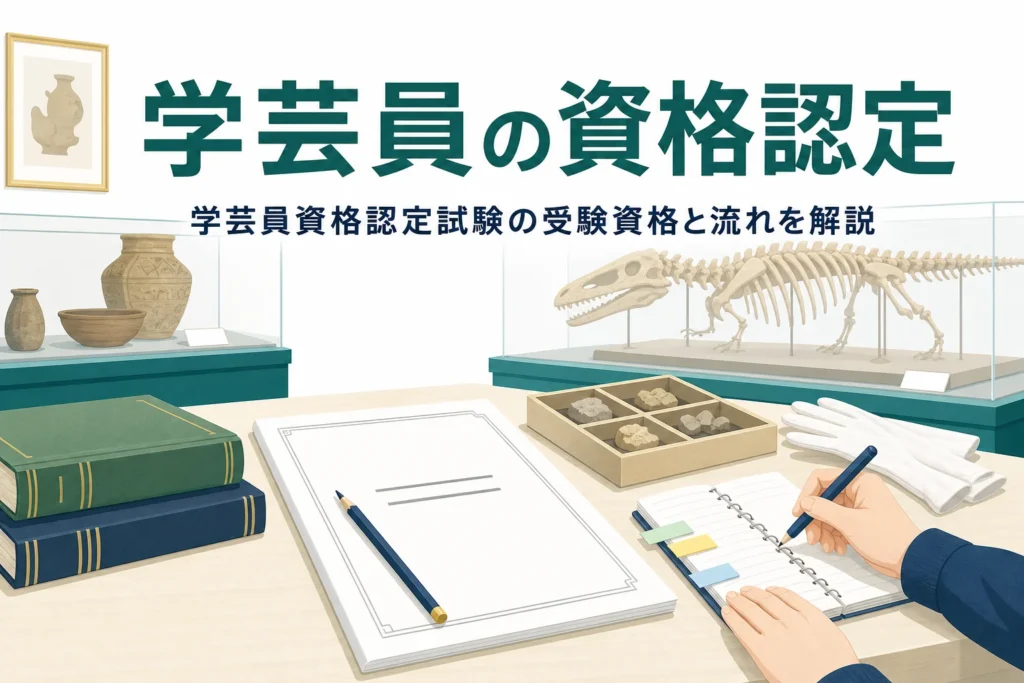 試験問題の冊子と博物館学の本が並ぶ机に、学芸員資格認定試験の受験資格と流れを紹介する記事タイトル