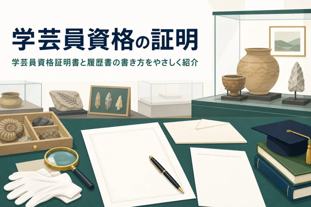 履歴書と証明書の用紙が置かれた資料室の机に「学芸員資格の証明」の文字