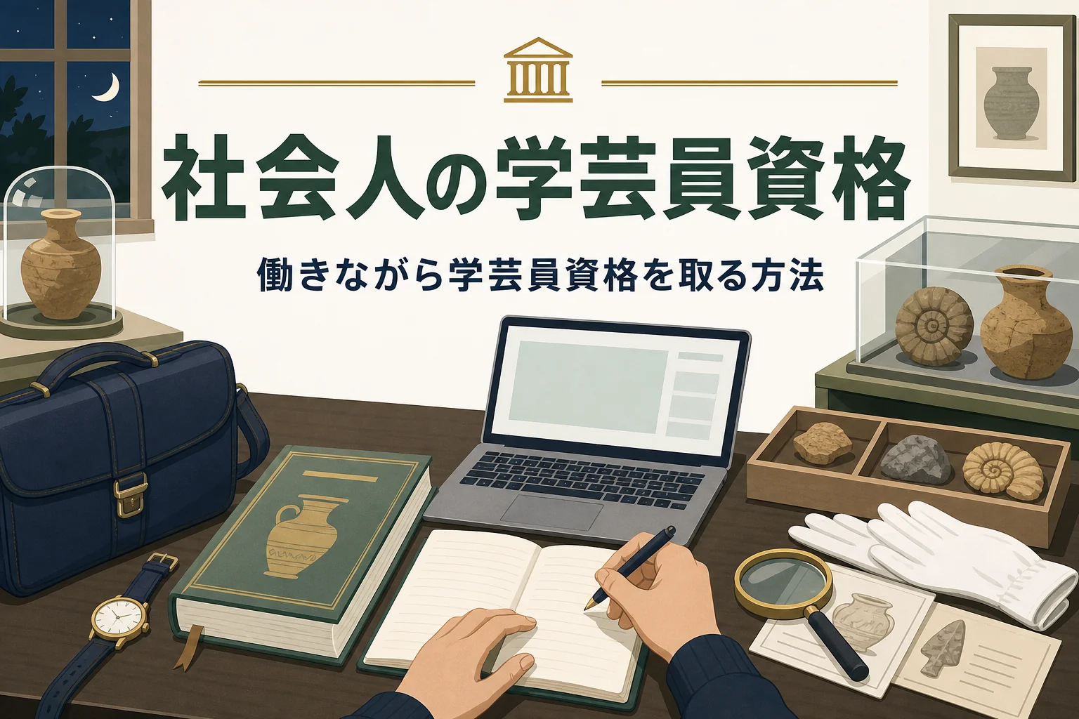 仕事帰りの机でテキストを開いて学ぶ手元と、社会人が学芸員資格を取る方法を紹介する記事タイトル