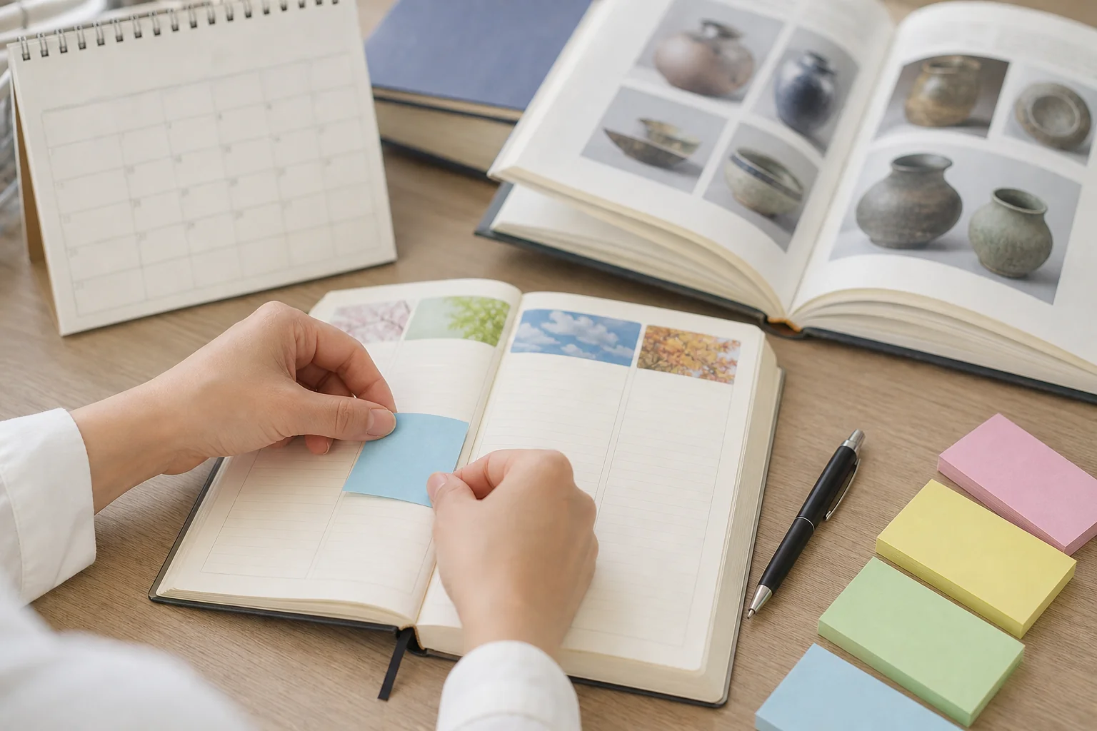 博物館実習の募集時期と実習期間を手帳に書き込んで、仕事の休みを計画する様子