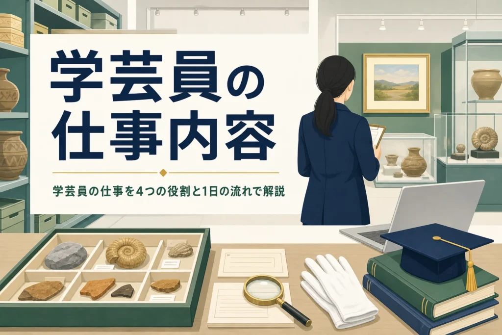 収蔵庫の作業台と展示室に「学芸員の仕事内容」の文字