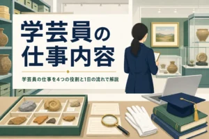 収蔵庫の作業台と展示室に「学芸員の仕事内容」の文字
