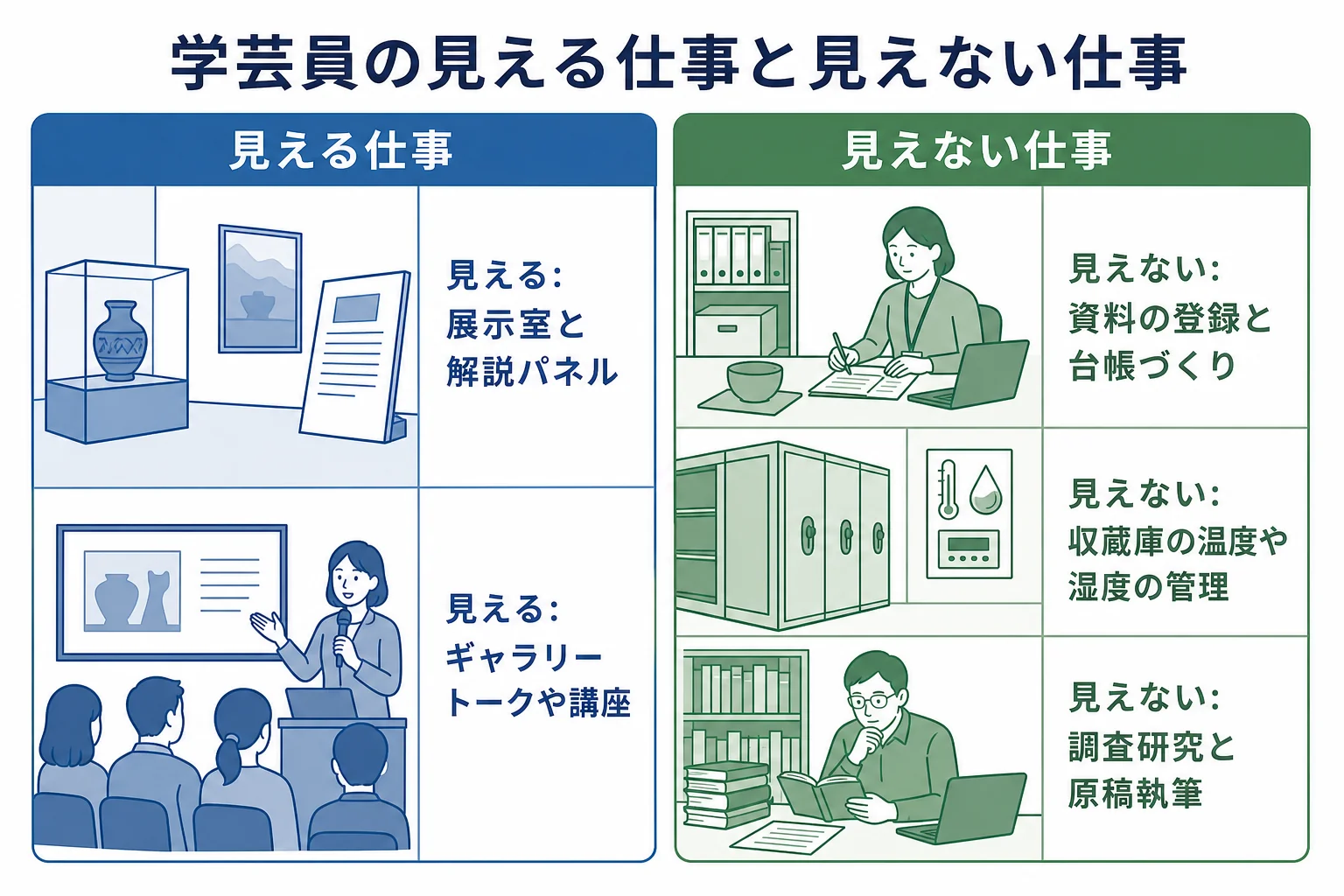 学芸員の仕事を来館者から見える仕事と見えない仕事に分けた図解