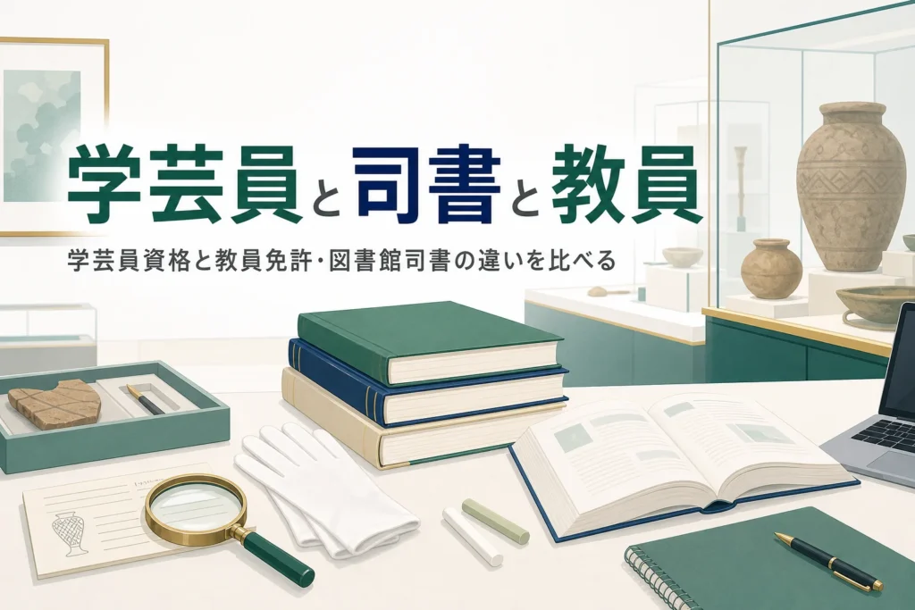 資料カードと本と教科書が並ぶ机に「学芸員と司書と教員」の文字
