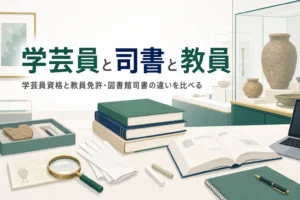 資料カードと本と教科書が並ぶ机に「学芸員と司書と教員」の文字
