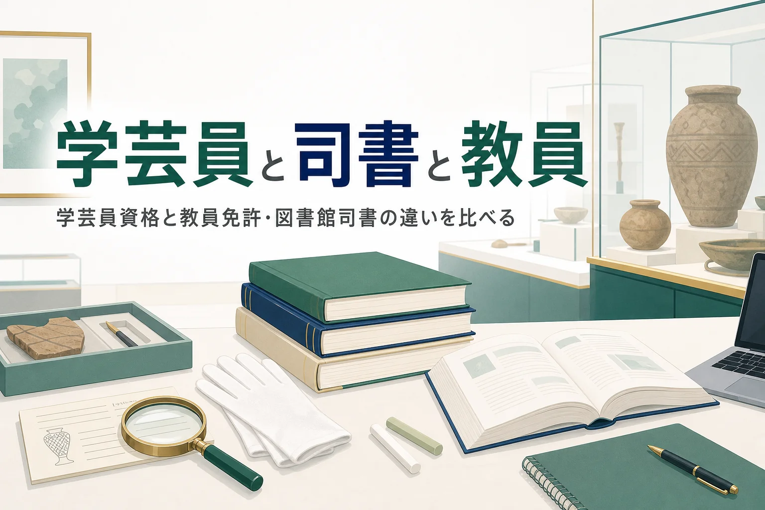 資料カードと本と教科書が並ぶ机に「学芸員と司書と教員」の文字