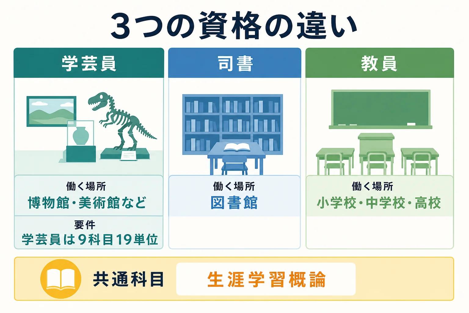 学芸員資格・司書・教員免許を働く場所と要件と共通科目で比べた図解