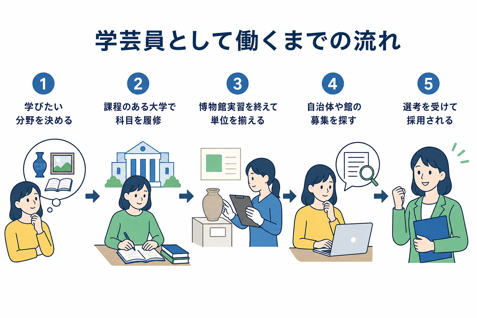 学芸員になるまでの流れを、分野選びから採用までの5段階で示した図解