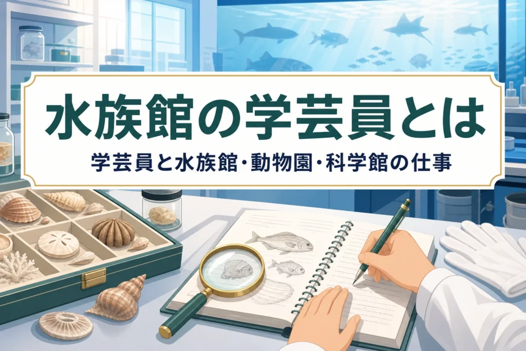 水族館の水槽の前で標本と観察ノートを扱う手元の写真に、水族館の学芸員とはという記事タイトルを重ねたアイキャッチ
