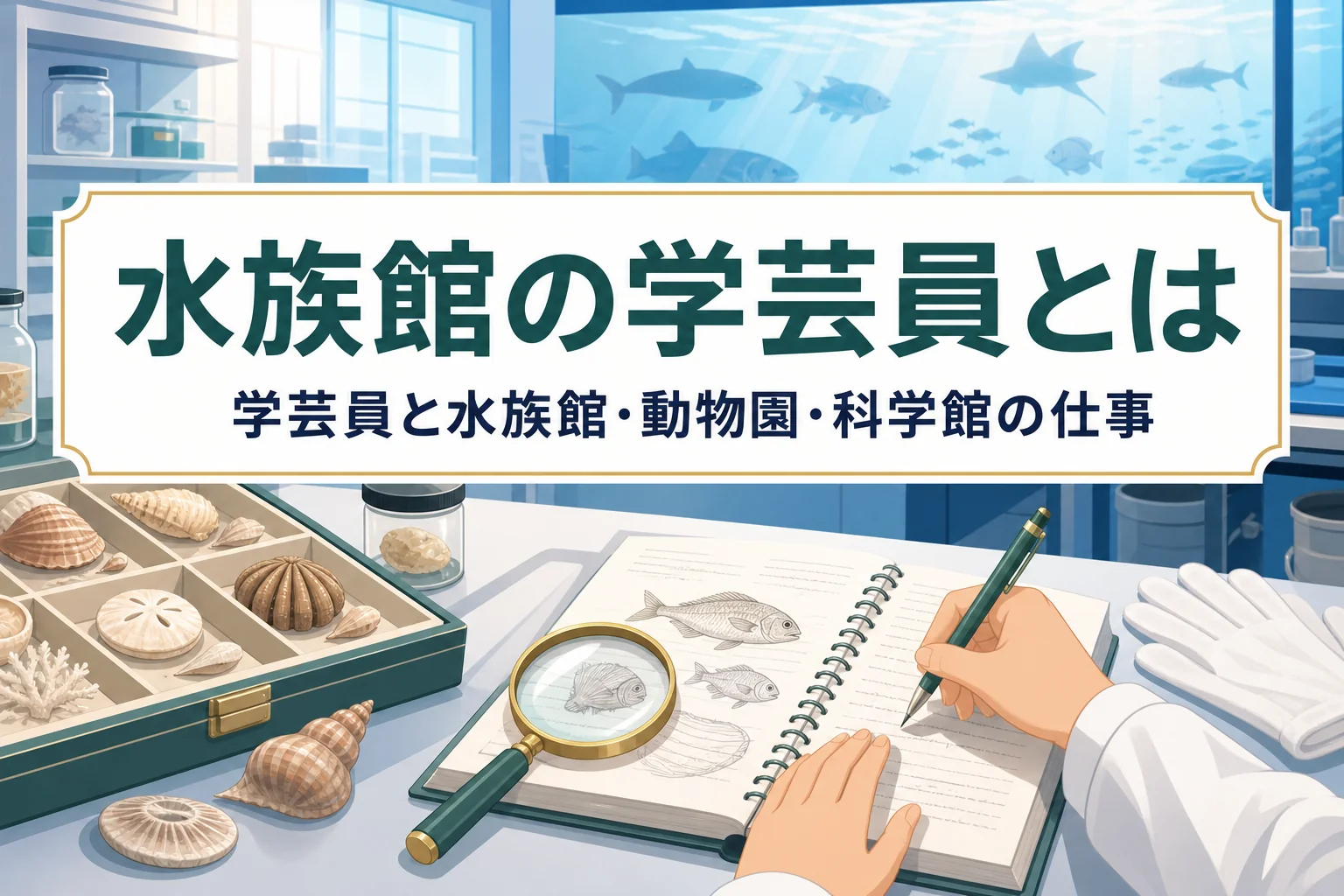 水族館の水槽の前で標本と観察ノートを扱う手元の写真に、水族館の学芸員とはという記事タイトルを重ねたアイキャッチ