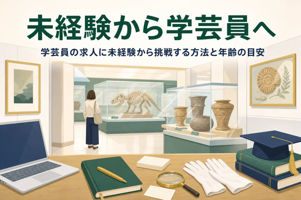 博物館の展示室と、手帳や資料カードが置かれた机。未経験から学芸員に転職する方法を解説する記事タイトル