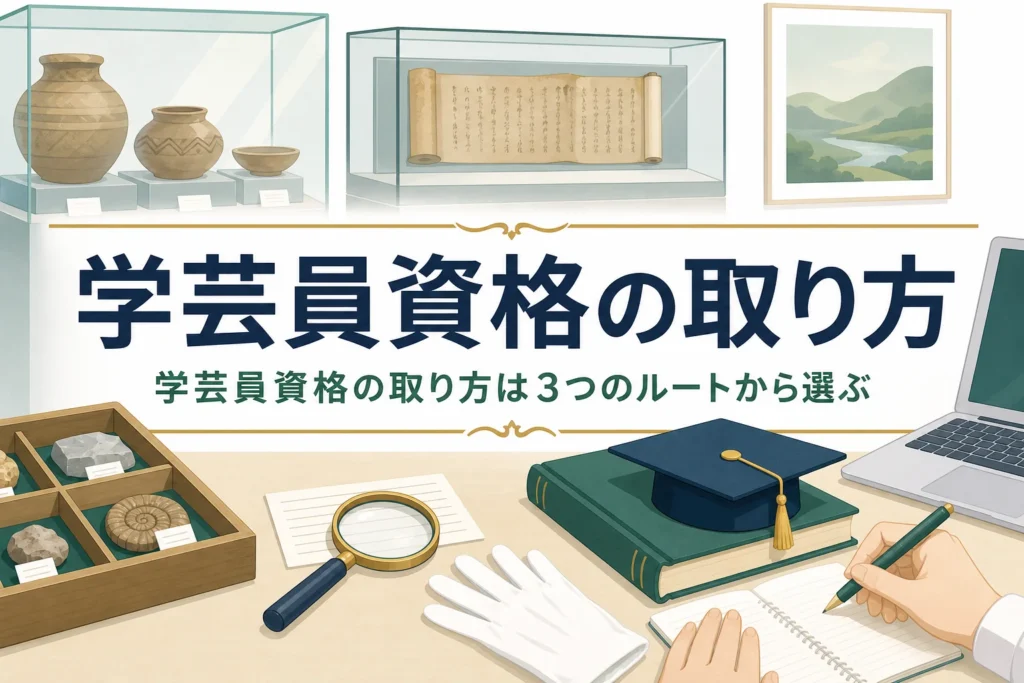 博物館の展示ケースと資料を扱う道具が並ぶ机に、学芸員資格の取り方を紹介する記事タイトル