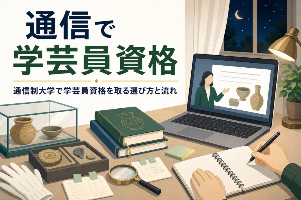 自宅の机でノートパソコンとテキストを使って学ぶ手元と、通信制大学で学芸員資格を取る方法を紹介する記事タイトル