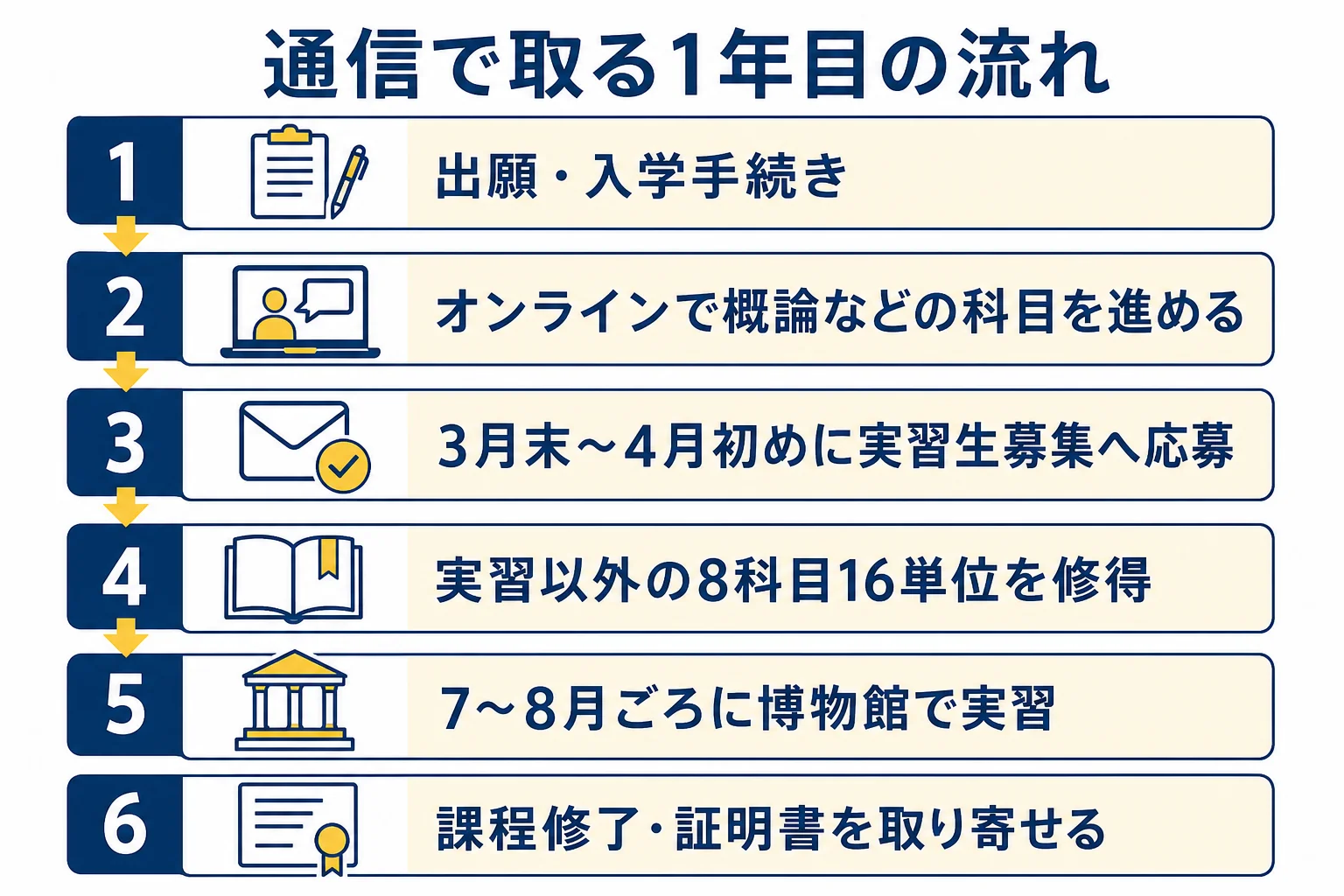 通信制大学に入学してから学芸員資格を取るまでの1年目の流れとつまずきやすい時期を示した図解